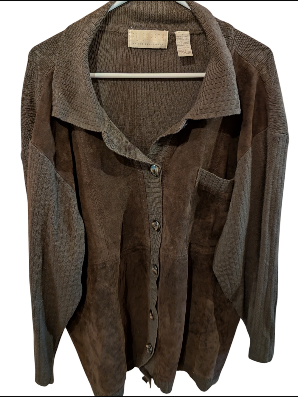 Liz Clairbone Brown Suede & Knit Button-Front Women's Top